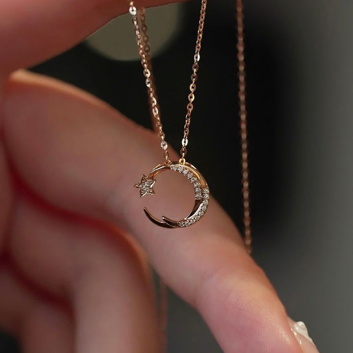 18K GOLD PLATED OR RHODIUM PLATED OVER THE MOON MINIMALIST NECKLACE WITH 5A GRADE CZ GEMSTONE FOR ANNIVERSARY GIFT FOR HER BIRTHDAY GIFT IDEA FOR DAILY OUTFIT FOR WINTER
