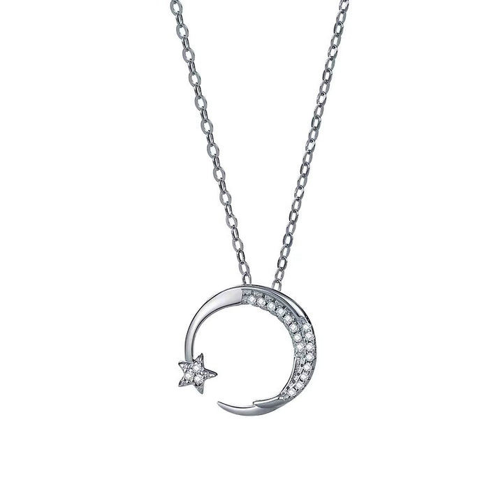 18K GOLD PLATED OR RHODIUM PLATED OVER THE MOON MINIMALIST NECKLACE WITH 5A GRADE CZ GEMSTONE FOR ANNIVERSARY GIFT FOR HER BIRTHDAY GIFT IDEA FOR DAILY OUTFIT FOR WINTER