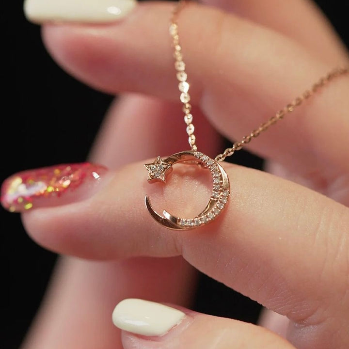 18K GOLD PLATED OR RHODIUM PLATED OVER THE MOON MINIMALIST NECKLACE WITH 5A GRADE CZ GEMSTONE FOR ANNIVERSARY GIFT FOR HER BIRTHDAY GIFT IDEA FOR DAILY OUTFIT FOR WINTER