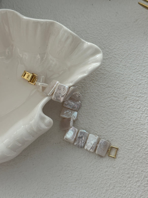 S925 Sterling Silver 14K Gold-filled Elegant Baroque Freshwater Pearl Bracelet with Unique Rectangle Pearl and Watch Band Clasp For Wedding Gift Idea For Besties 