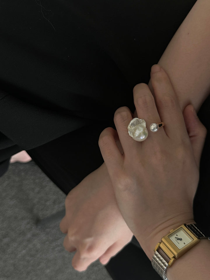 S925 Sterling Silver 14K Gold-filled Large Baroque Pearl & Freshwater Pearl Adjustable Ring For Bridal Wedding Jewelry For Anniversary Gift For Birthday 