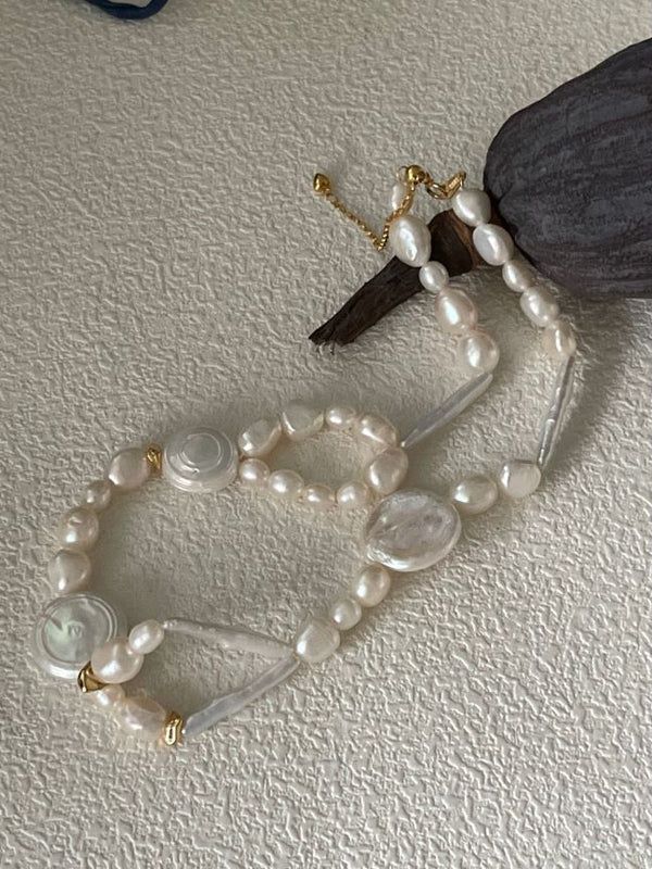 S925 Sterling Silver US 14K Gold-filled Modern Oval Flat Round & Slender Baroque Pearls Statement Necklace Gift For Her Minimalist Jewelry For Bridal 
