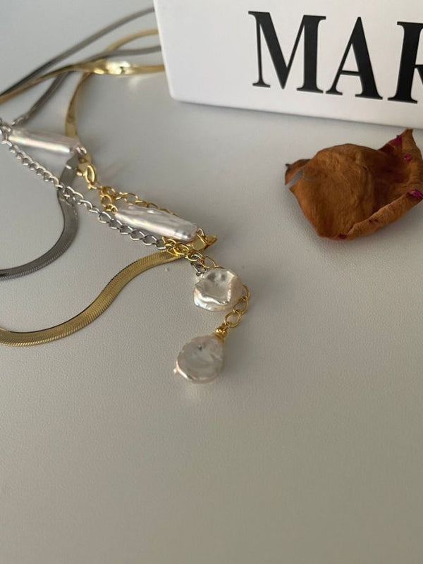 S925 Sterling Silver US 14K Gold-filled Stylish Flat Wide-link Chain Tube-shaped Baroque Freshwater Pearl Necklace For Birthday Gift For Anniversary Gift Idea For Her
